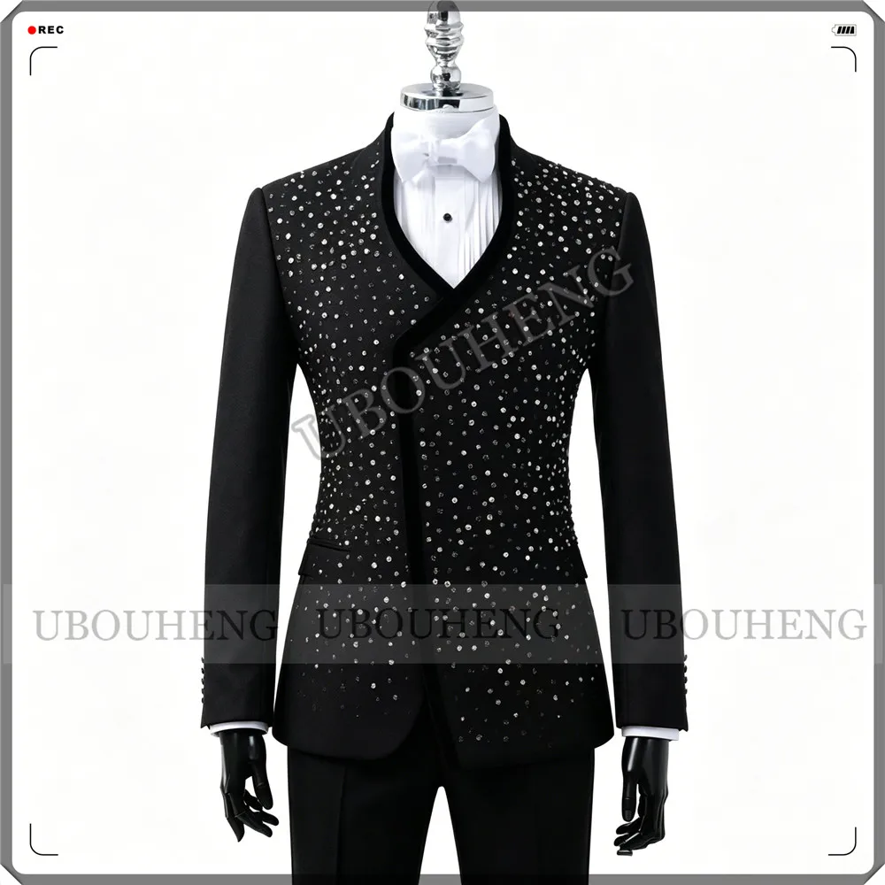Luxury Groom Tuxedos Sparkly Crystals Beading Prom Blazers Italian Design Man Banquet Suits Slim Fit Boyfriend Birthday Outfits