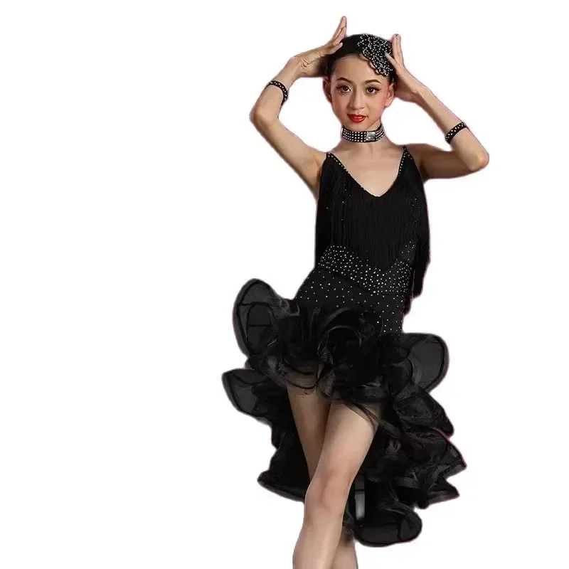 Jazz dancewear costume Kids Modern Latin Dance Dress Sequined Ballroom Party Dancing Dress Child tutu dress clothes For Girls