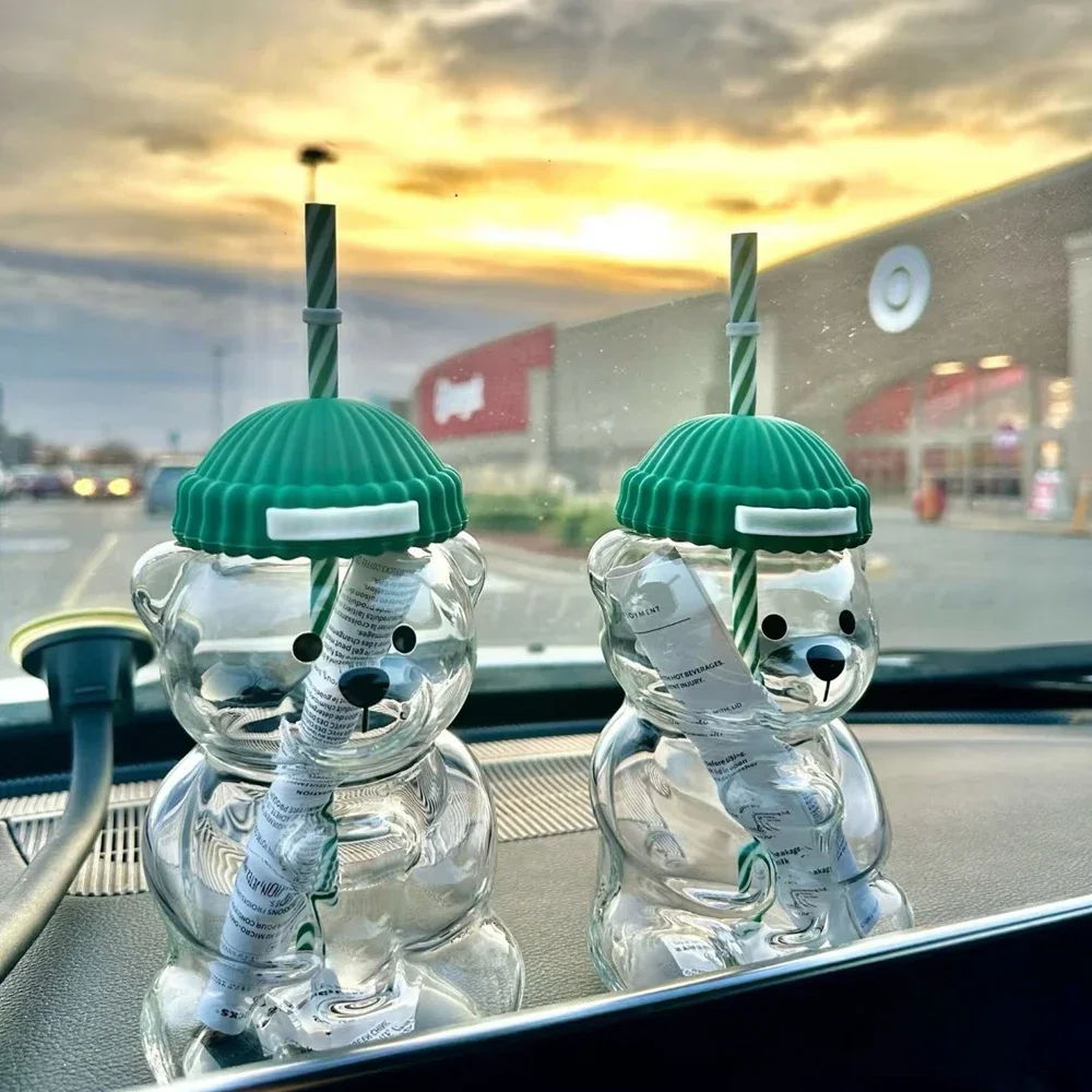 Taza de café con forma de oso de dibujos animados, vaso de cristal con pajita transparente, creativo, para leche, café, agua, 500ML, novedad de 2026