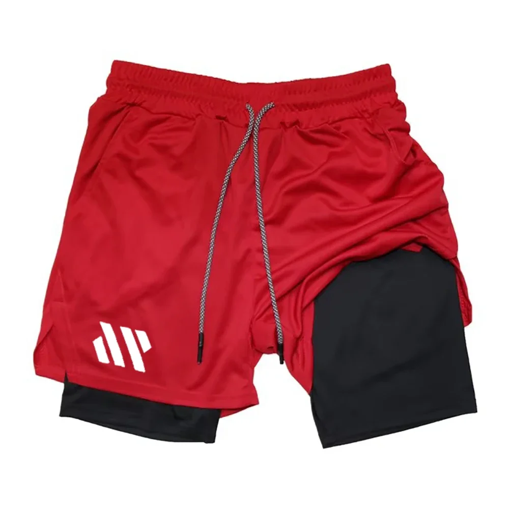 Men's running 2-in-1 sports shorts with quick drying, printed gym casual tight shorts with phone pocket, towel strap M-3XL