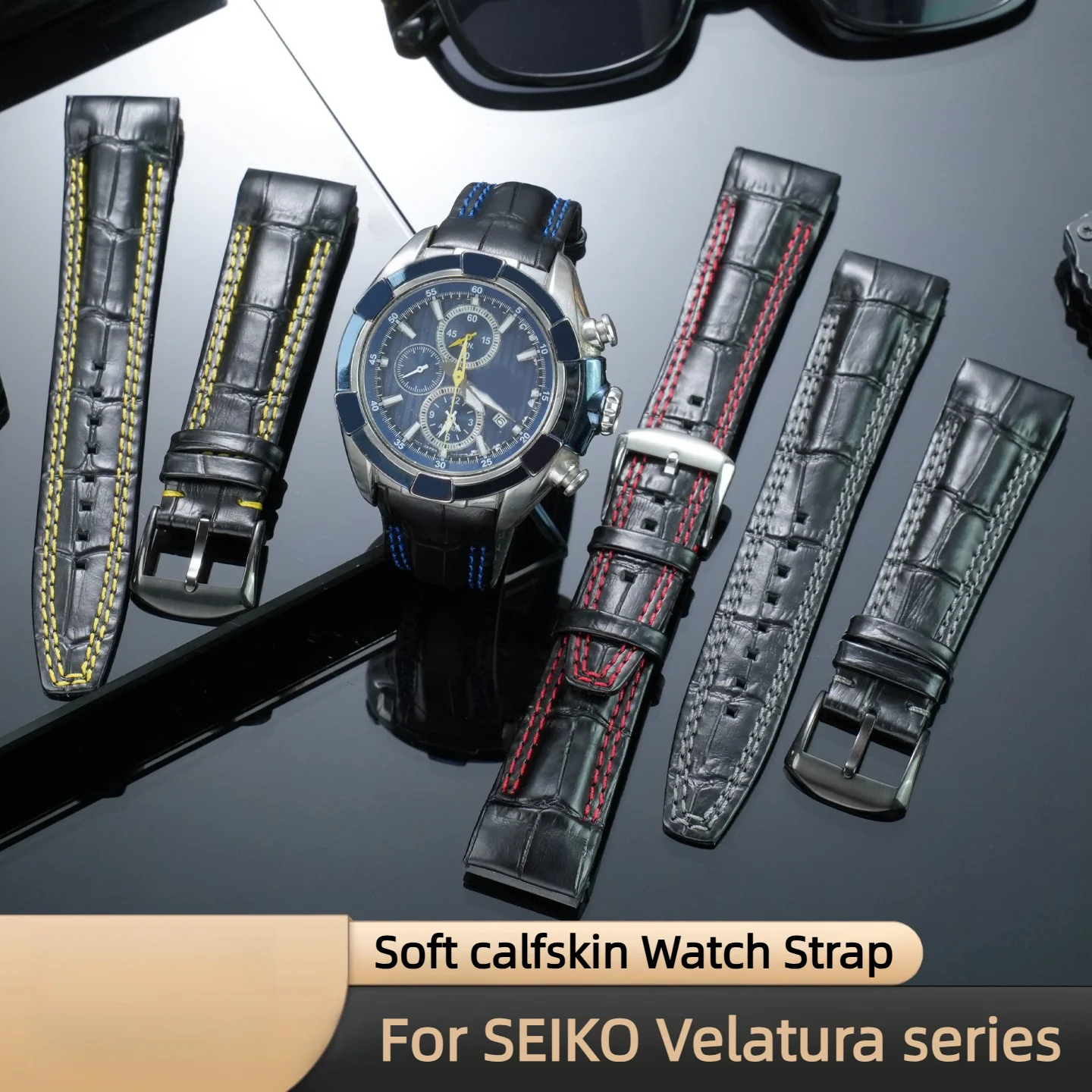 22mm Curved Genuine Leather Watch Strap For Seiko Velatura SNAF39P2 SNAF60P2 Crocodile pattern Cowhide Band Replacement bracelet
