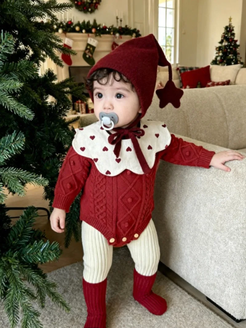 

Baby Twist Bodysuits Spring Korean Children's Wear Baby Solid Color Knitted Climbing Clothes Baby New Year Clothes Rompers