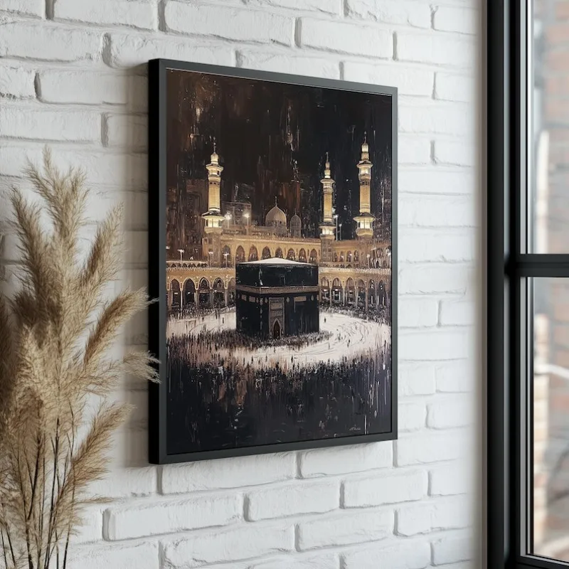 

2D/Flat Noframed Islamic Kaaba Abstract Night Canvas Prints, Modern Muslim Spiritual Wall Art Poster for Prayer Room Decortion
