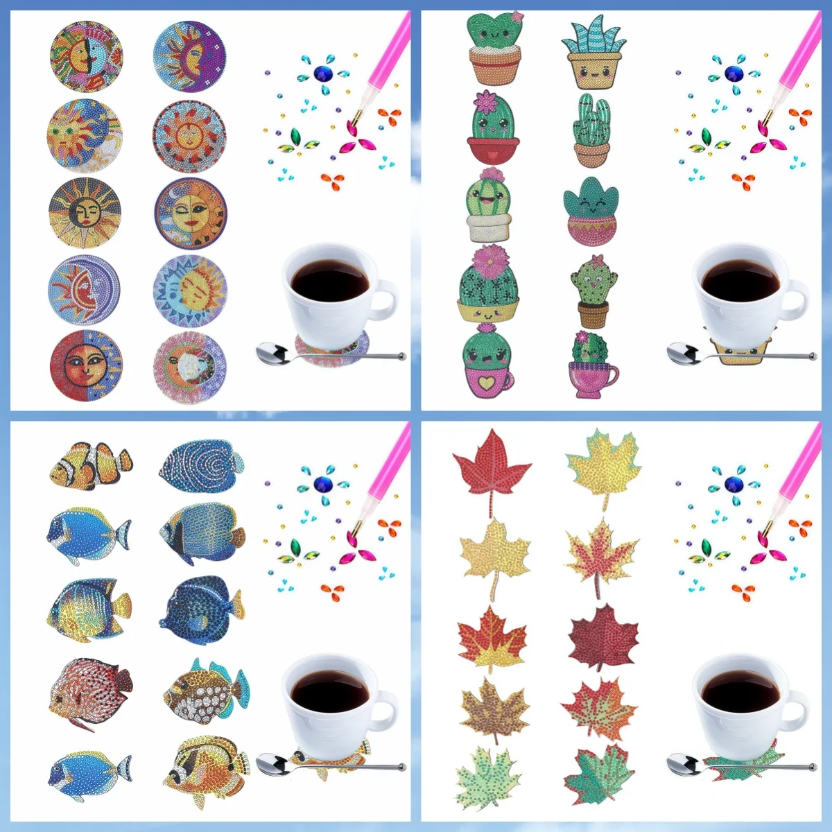 10 sets of DIY cactus, fish, maple leaf-patterned diamond painting coasters, suitable for decorating living room kitchenware