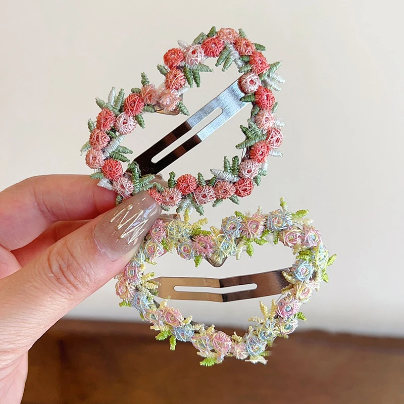 Sweet Flower Embroidery Hair Clips for Girl Love Heart Shaped Hairpins Princess Baby Barrettes Sided Clips Kids Hair Accessories image 3