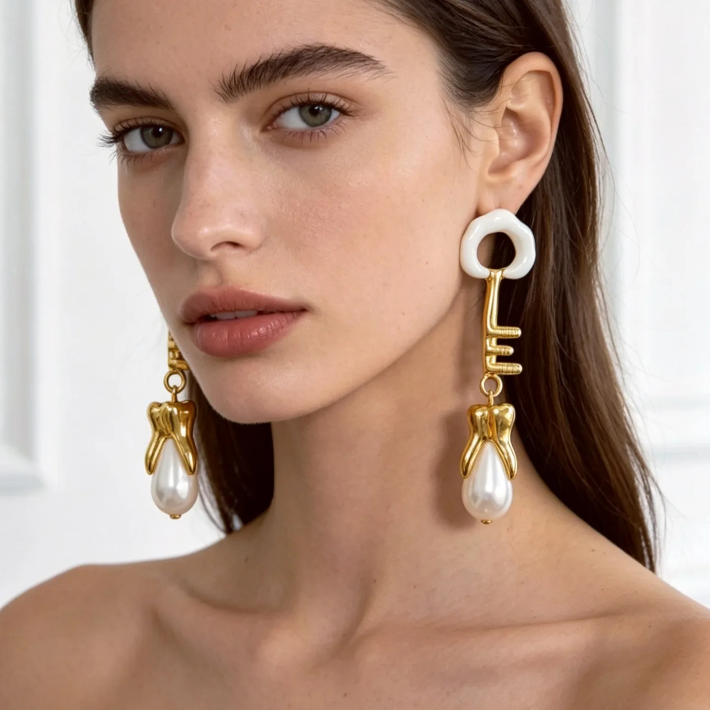 French retro abstract cloud key shape pearl teeth earrings light luxury temperament high-end earrings stud earrings women