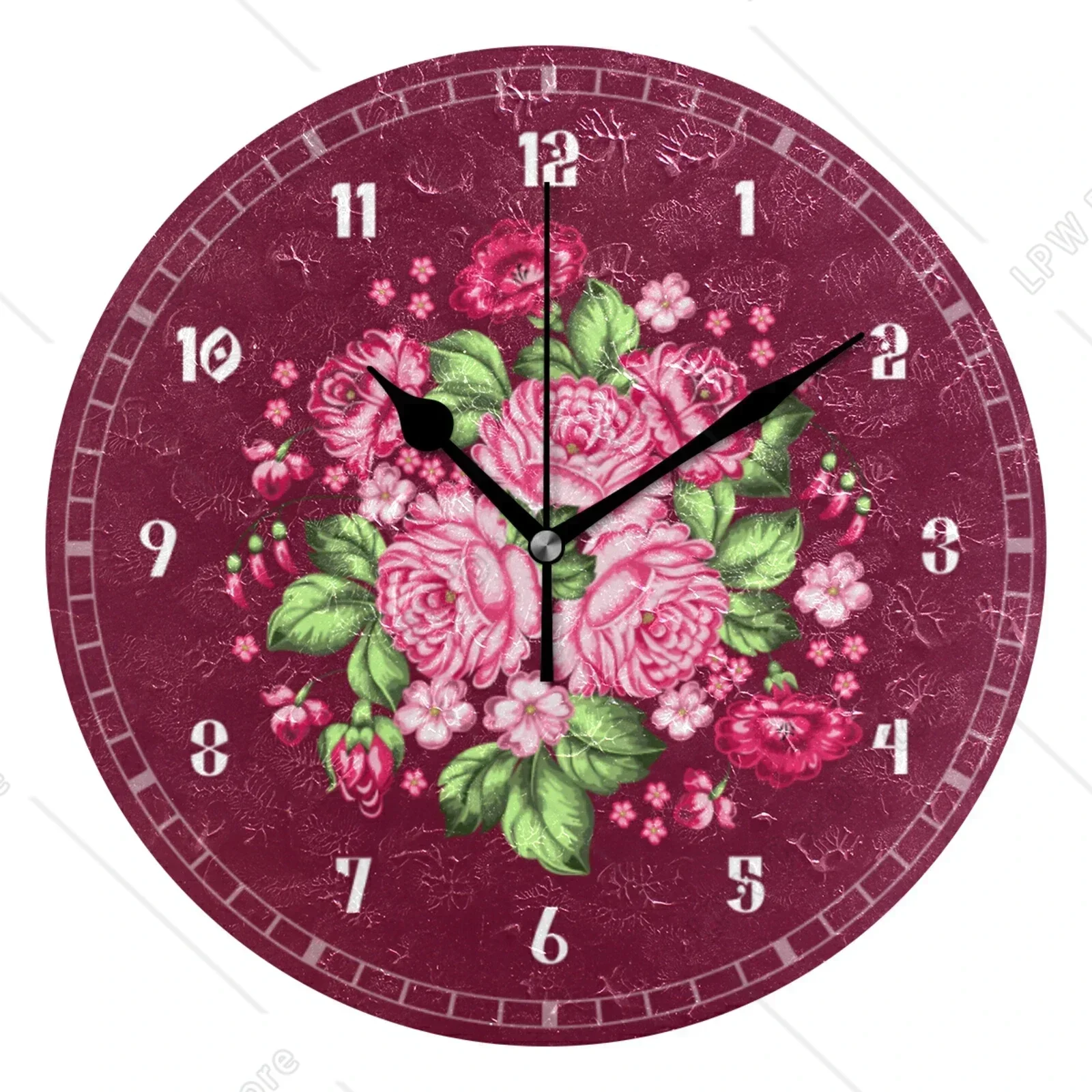 Antique Rose Flowers Printed Silent Round Wall Clock Hanging Wall Watch Quiet Desk Clock For Living Room Bedroom Modern Decor