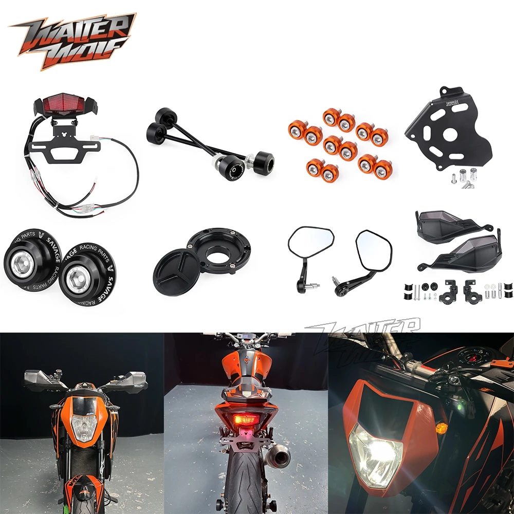 

For 690 DUKE /R Sprocket Protector Handguard Mirrors Tank Cap Turn Signal Wheel Axle Spools Sliders License Plate Holder Screws
