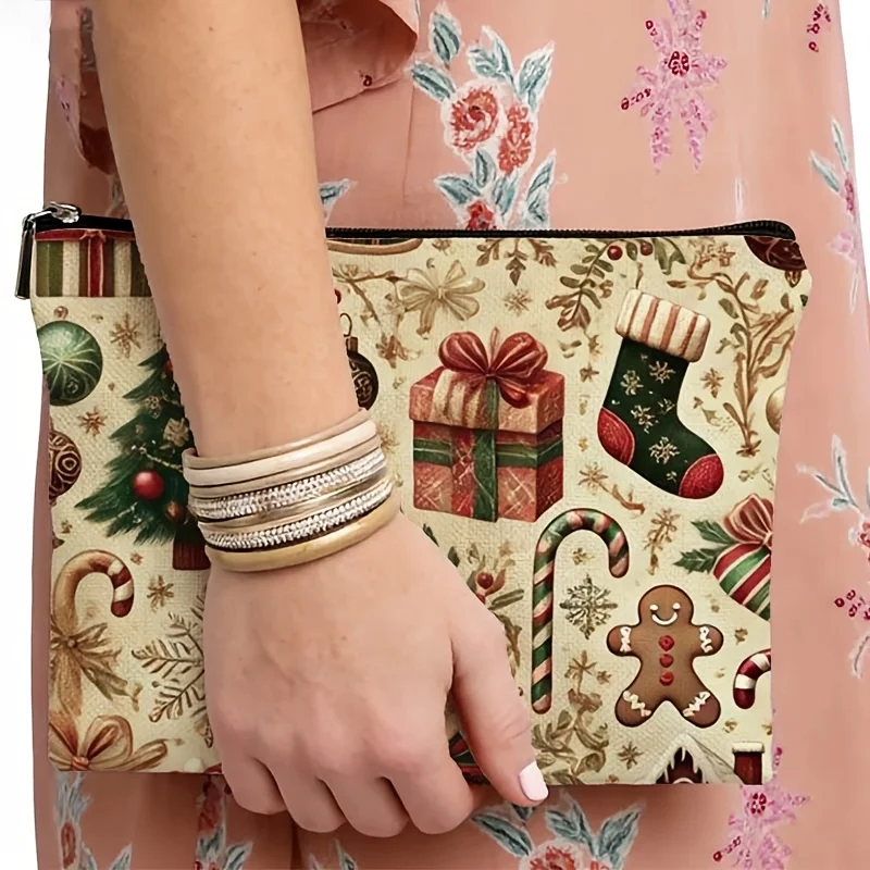 Christmas Element Print Makeup Bag Xmas Tree Gingerbread Man Cosmetic Pouch Holiday Travel Zipper Storage Pouch Xmas Gift