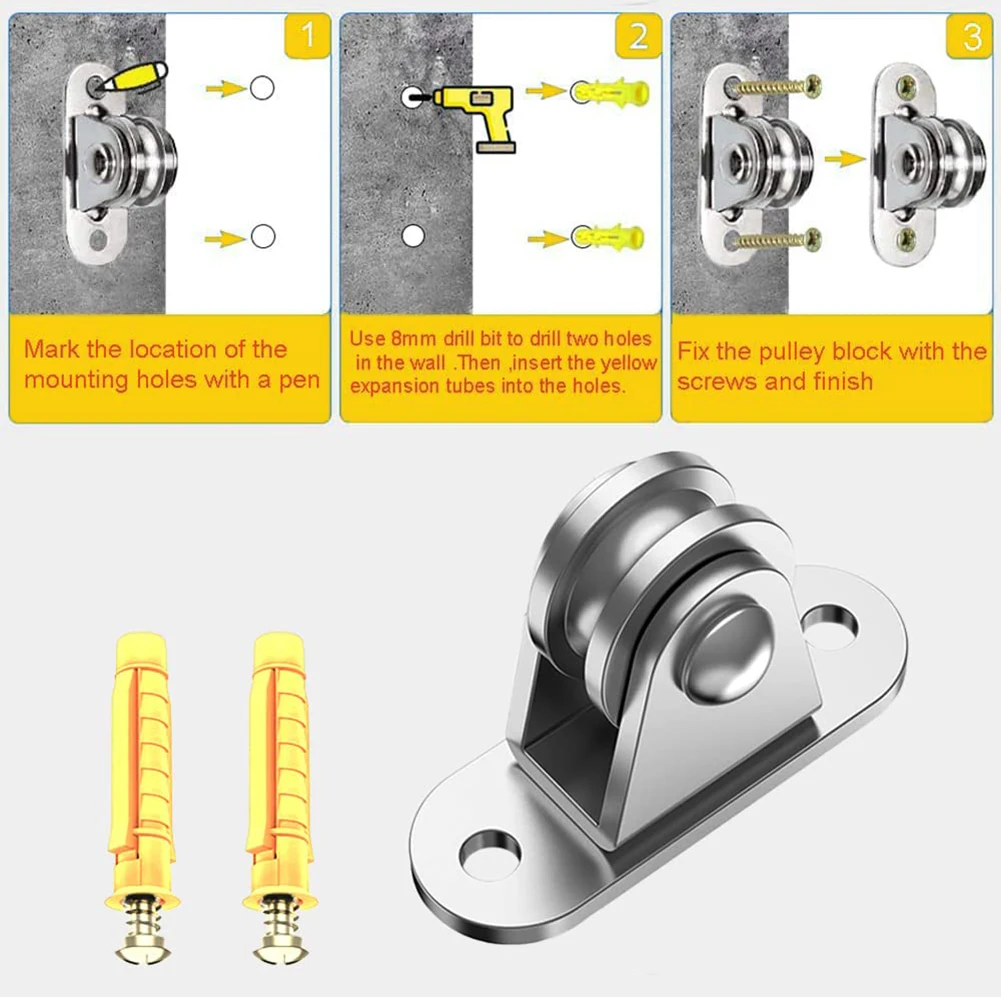 2/4PCS Stainless Steel Pulley Block Kit Silent Pulley Heavy Duty Fixed Pulley Detachable Loading 176 Lb Lifting Wheel Tools