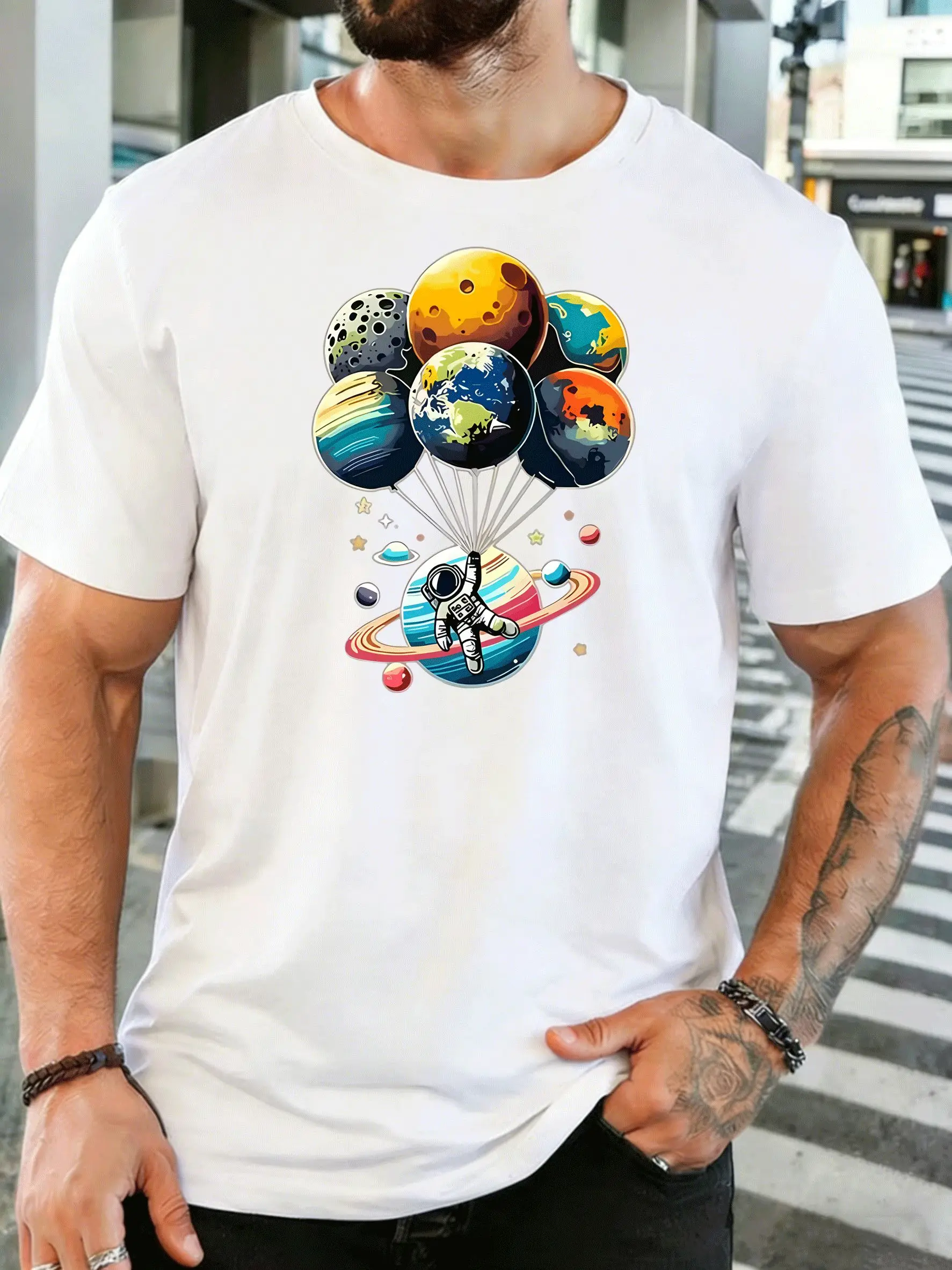 Men Short Sleeve T Shirt Astronaut Planet Balloon Graphic Tee Space Print Summer Soft Cotton Casual Street Wear For Adult Male