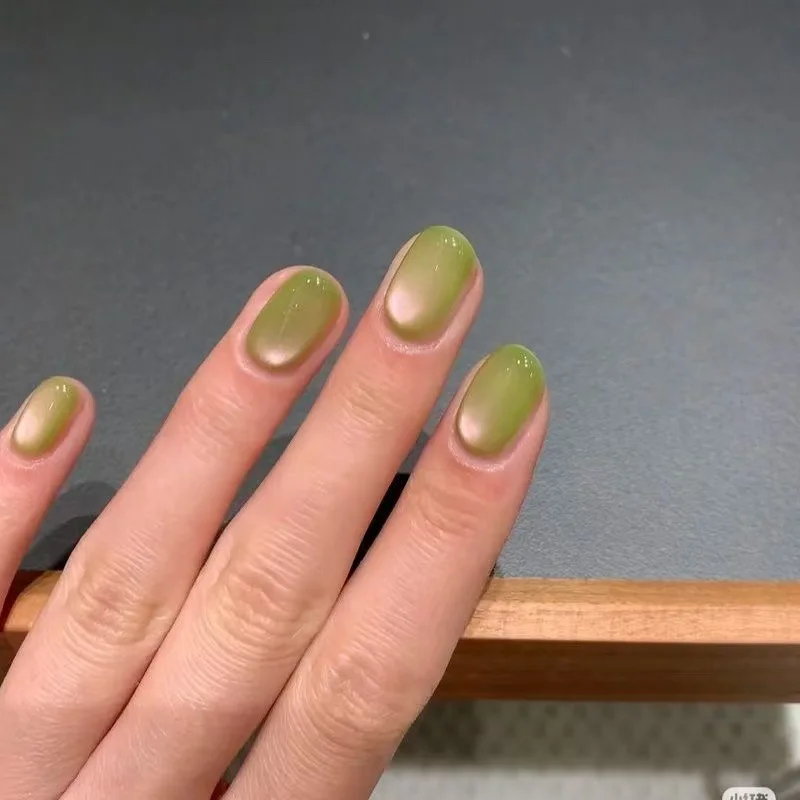 

10Pcs Handmade French Press on Nails Full Cover Green Shiny Cat Eye Short Design False Nails Wearable Nails Tips For Girl