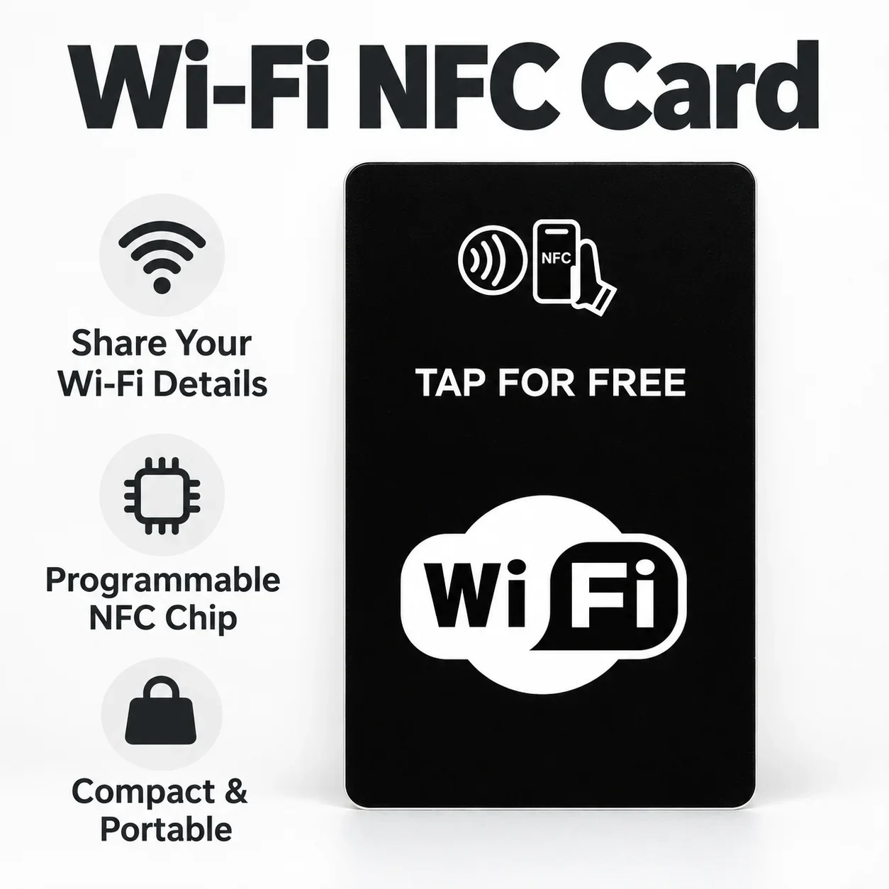 NFC WiFi Information Card NTAG215 Rewritable Black PVC Share Guest Network Details for Cafes Hotels and Guest Houses