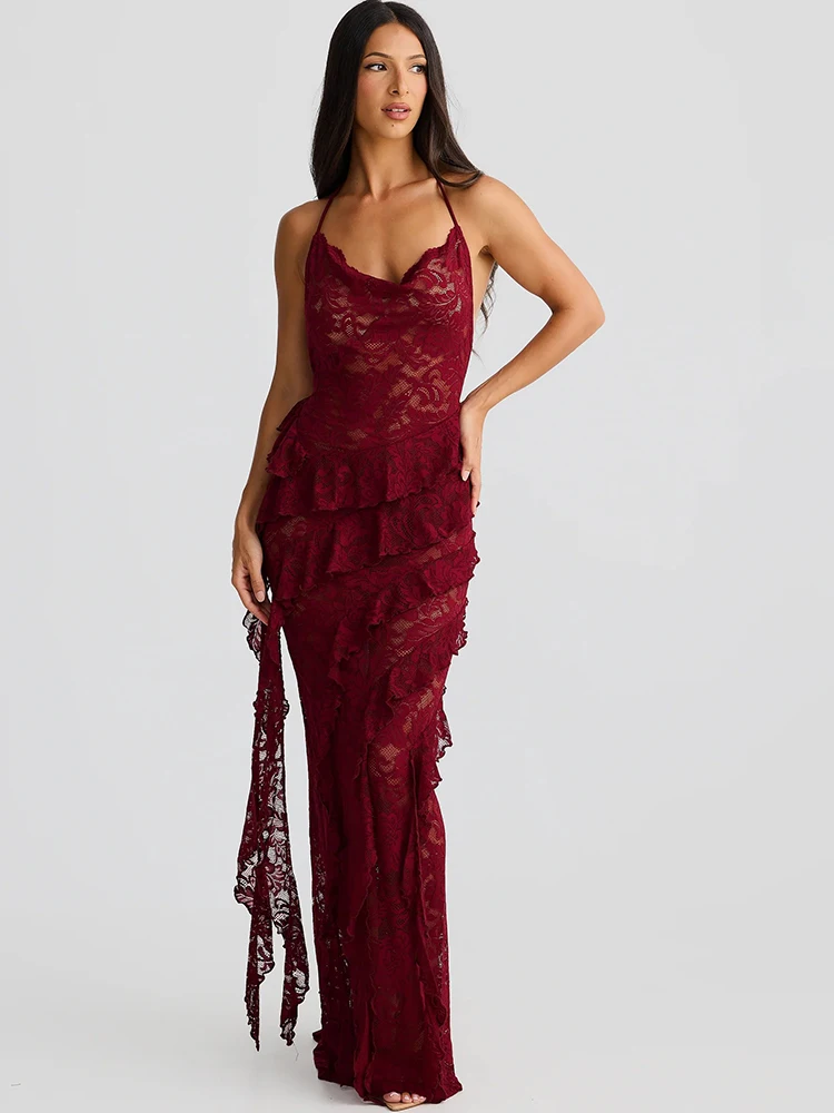 

JULISSA MO Sexy Backless Sheer Lace Halter Women Dress Black Spaghetti Strap Ribbon Dress Summer Slim Elegant Party Beach Dress