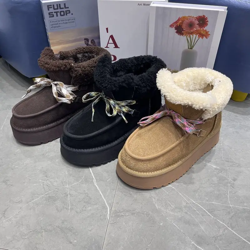 

ORCHA LISA Frosted Cow Leather Women Winter Snow Boots Round Toe Thick Heel 5cm Lace Up Warm Plush Short Bota Outdoor Shoes