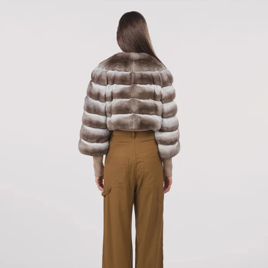 Kurzer Rex-Kaninchenfellmantel mit V-Ausschnitt, Chinchilla-farbige Jacken, Damen-Lederjacke, modischer neuer kurzer natürlicher Pelzmantel