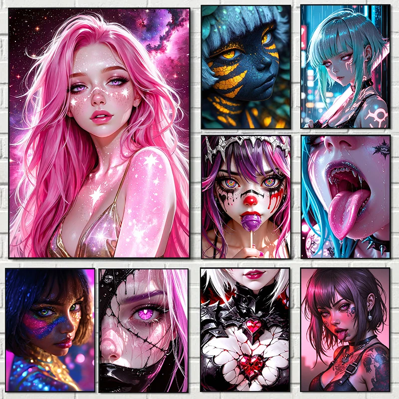 Abstract Art Female Facial Fashion Colorful Cartoon Illustration Poster Canvas Painting Wall Art Pictures Powder Room Home Decor
