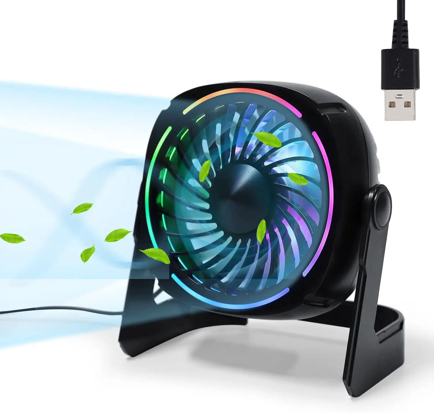 RGB Small USB Desk Fan,6 Inch Small Fan with 8 Light Modes,Mini USB Fan with 3 Speeds,60 Inch Cord,360° Rotation,Quiet Operation