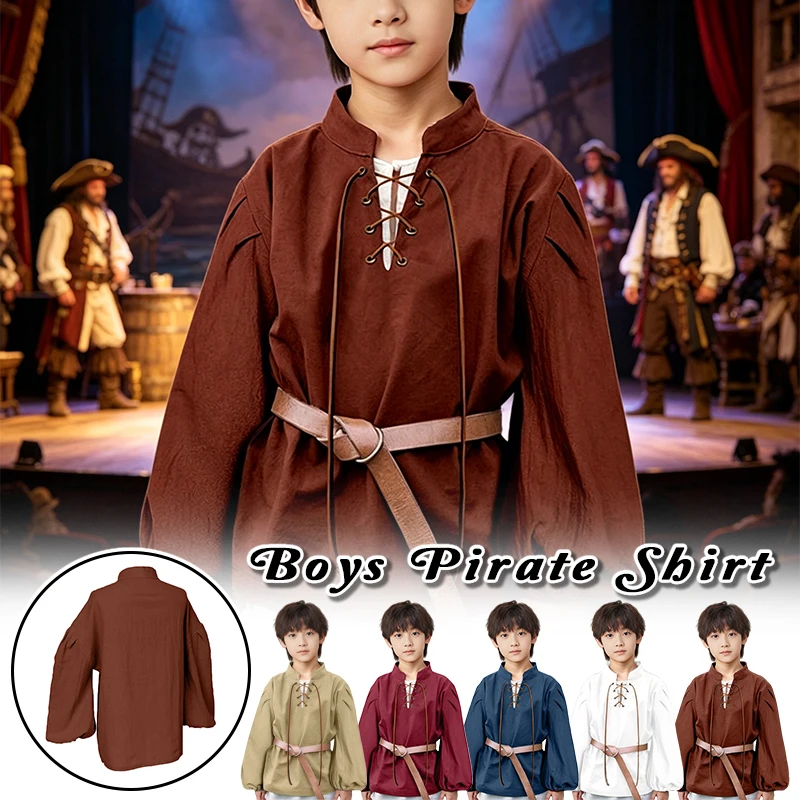 

Boys Medieval Pirate Shirts Kids Renaissance Lace Up Tops Halloween Scottish Jacobite Ghillie Viking Colonial Cosplay Costume