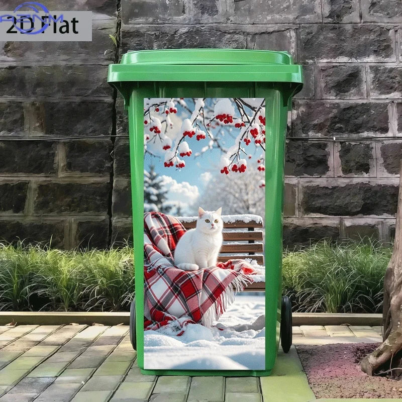 2D Flat Printing 1pc Trash Can Sticker ×cm, Kitten in Snow Under a Warm Blanket Themed Design, Self-Adhesive Decorative Wallpa