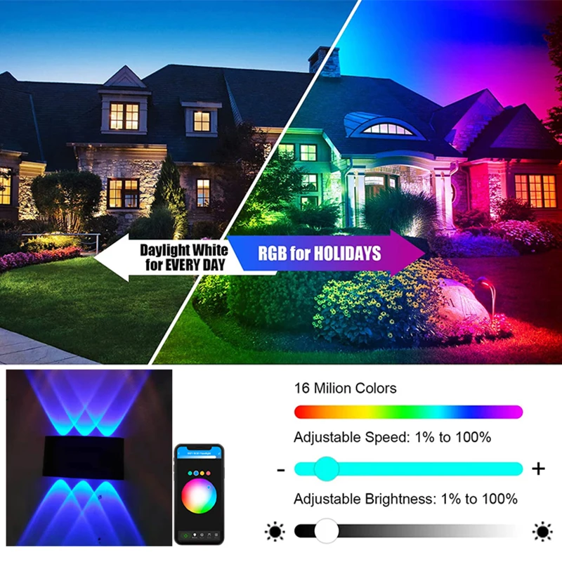 Tuya Smart Life APP controlado 85-265V RGB + CCT IP65 alumínio para cima e para baixo luz regulável externa, funciona com Alexa Google