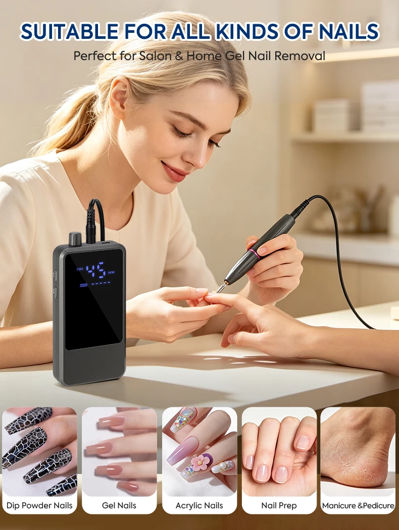 DianaBeauty 45000RPM Wiederaufladbare Elektrische Nagelfräsmaschine Professioneller Nagelpolierer mit LCD-Bildschirm Nagelzubehör – Detail 7
