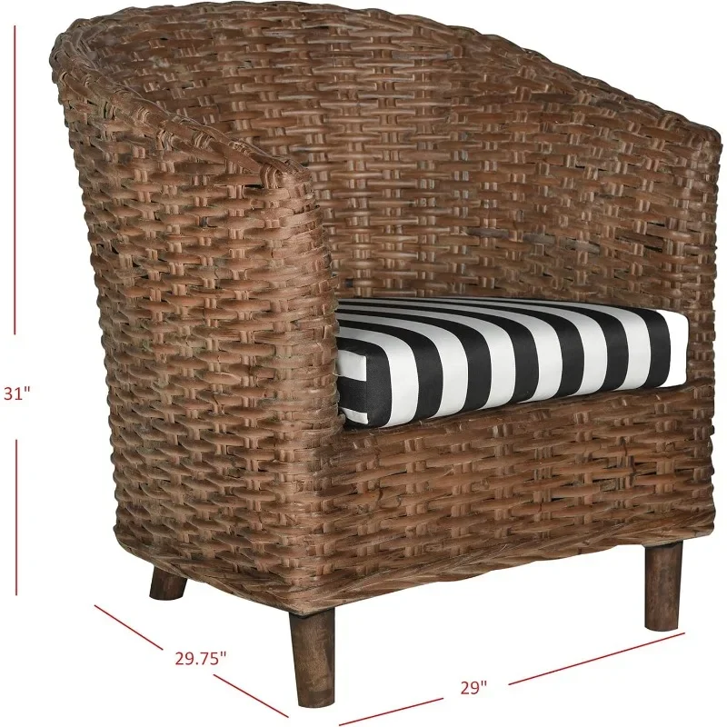 Honey Barrel Chair Rieten maakt stevige stoelen met accenten, perfect voor tuinen, bruin/zwart wit kussen, comfortabel en duurzaam