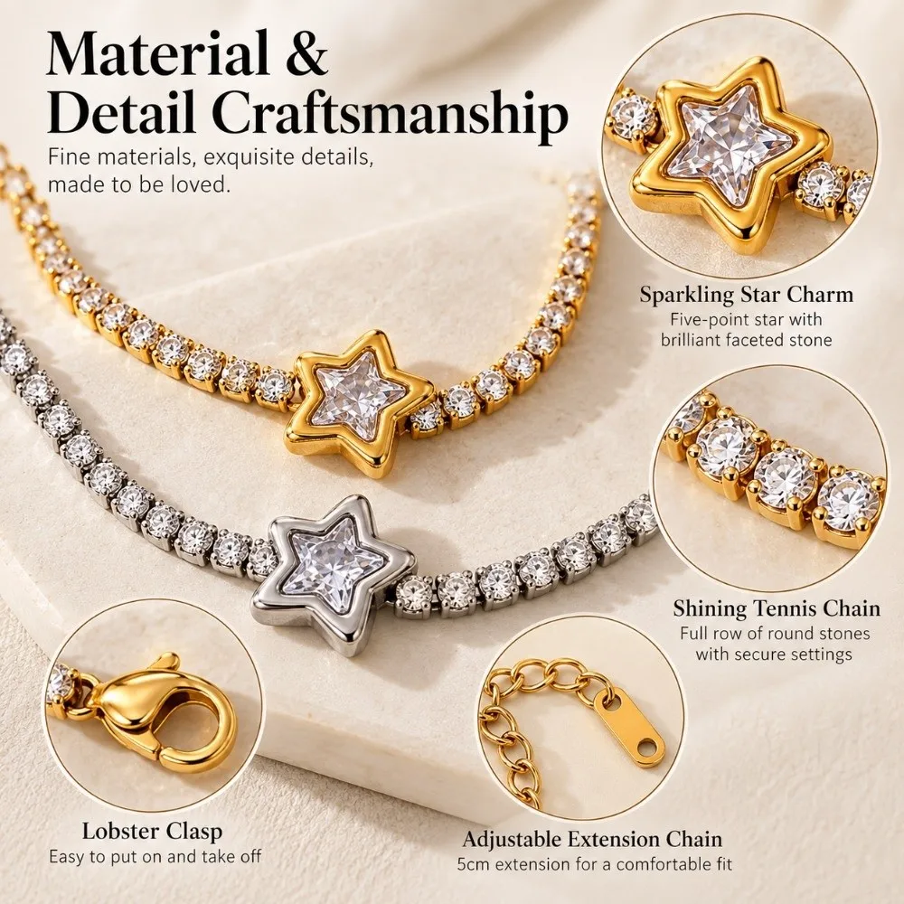 Stainless Steel Star Zircon Bracelet with Diamonds Gold Plated Sparkly Bracelet Adjustable Color Preservation Charm Bracelet