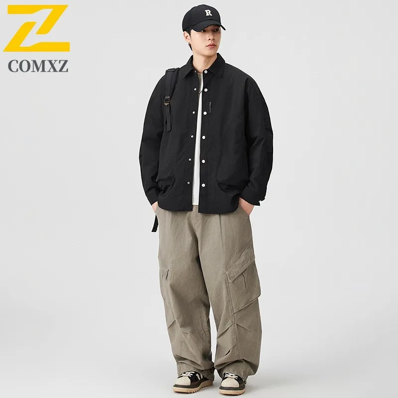 COMXZ Male Jacket Turndown Collar Outdoor Climbing Windproof Motorcycle Coat Single Breasted Design Wear Resistant Autumn Wear
