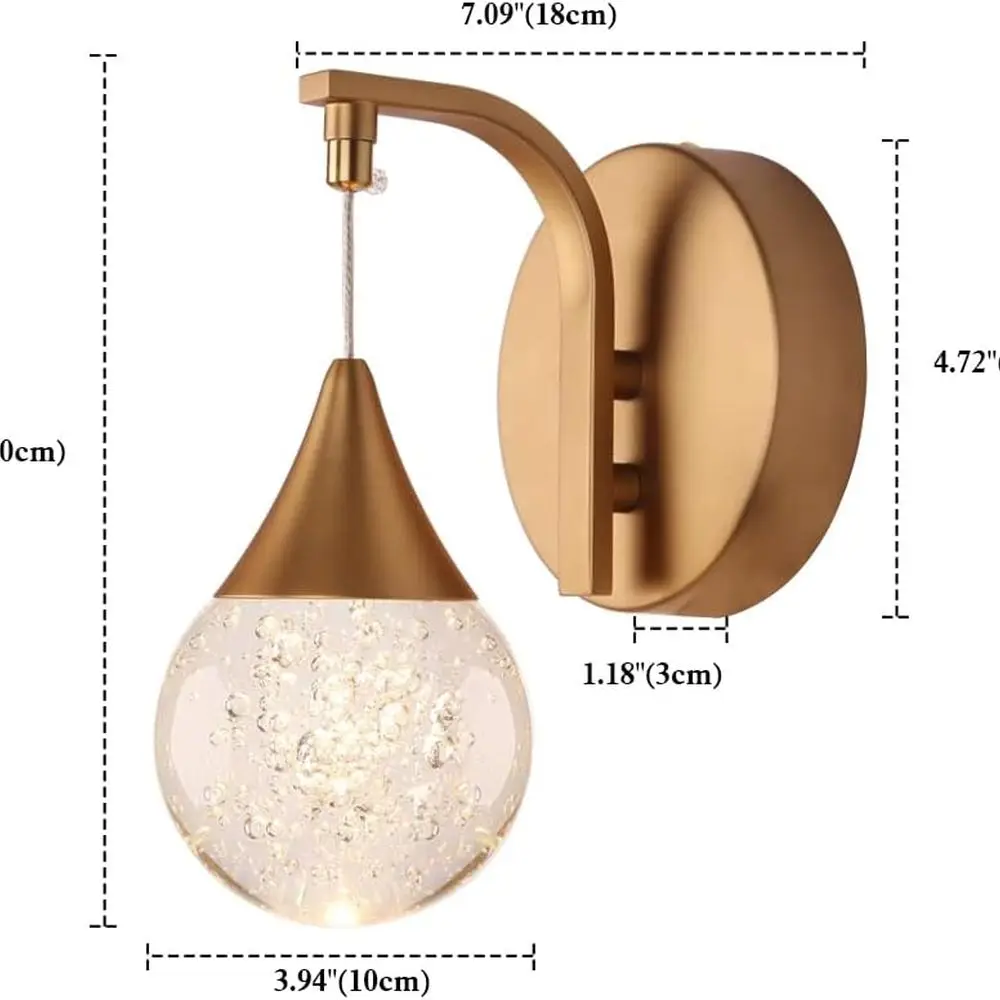 Lampu Dinding Kaca Gelembung LED 5W yang Dapat Diredupkan dalam Warna Putih Hangat untuk Dekorasi Rumah dengan Finishing Kuningan Matte