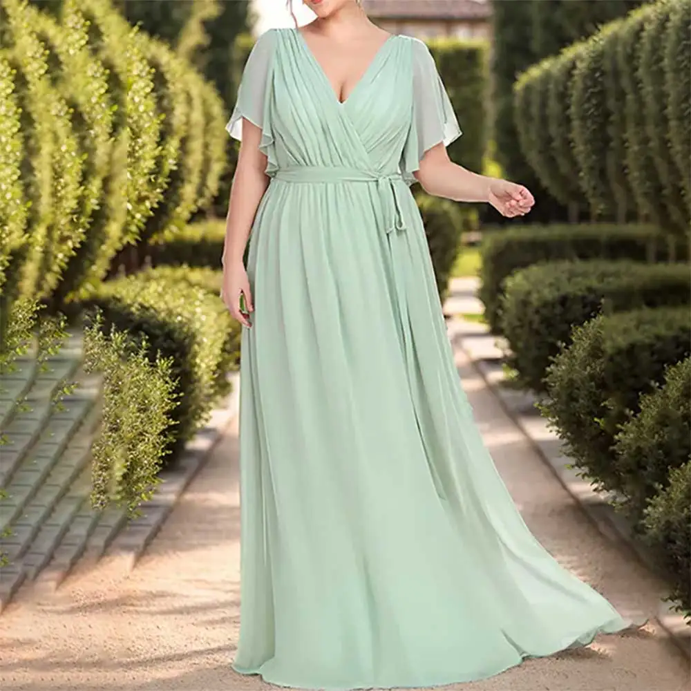 

2025 New V Neck Half Sleeve Pleated Belted A Line Draped Evening Dress Women Formal Party Prom Dresses Elegant Bridesmaid Gowns