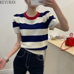 2024 Summer Knitted Striped T Shirts Women Tees Korean Ins Puff Short Sleeve O-neck Casual Pullover Knitwear Tops Woman Tshirts