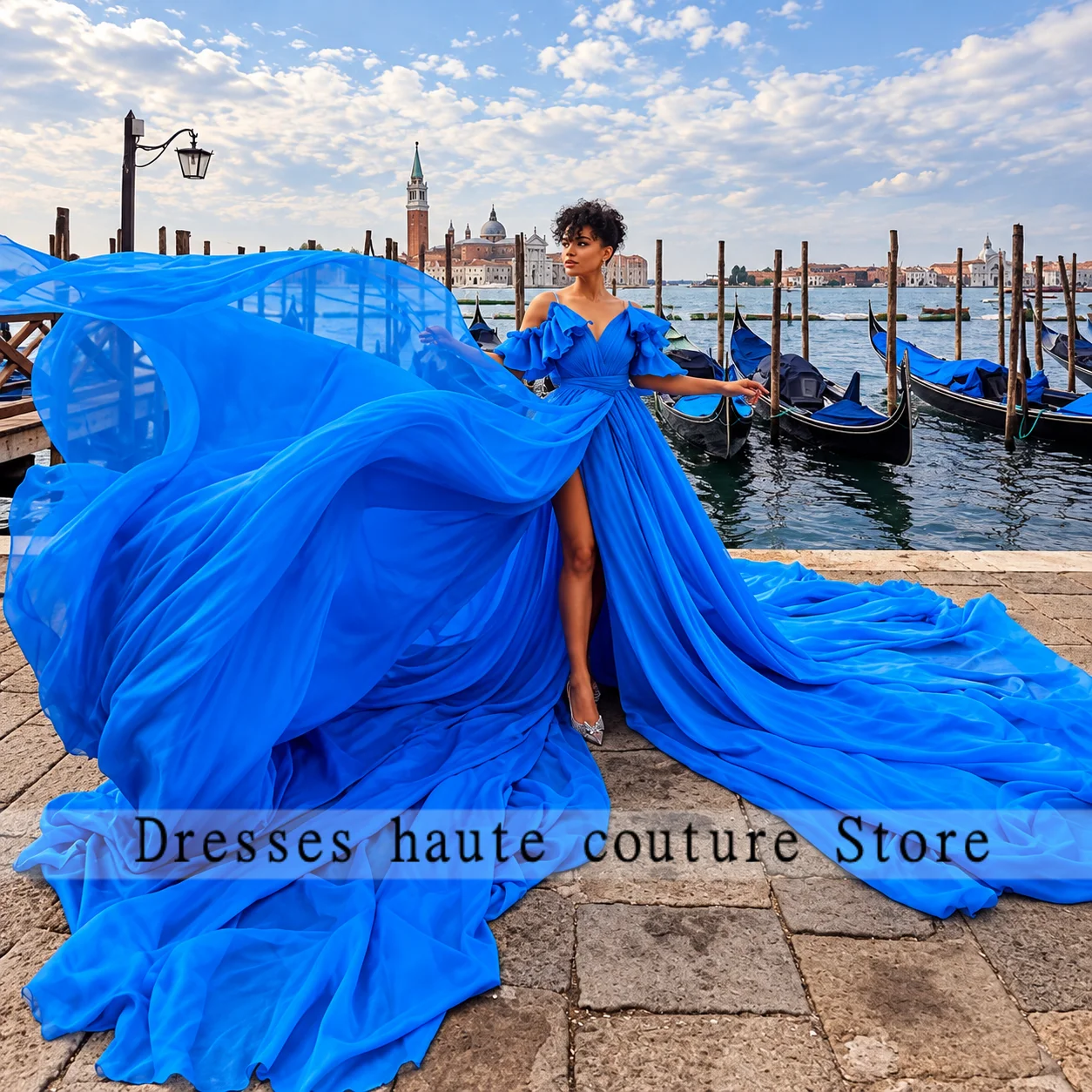 Dream Blue Flowing Dress Extra Long Train Slit Bridal Photoshoot Dresses Silk Chiffon Perform Photography Dress Customized
