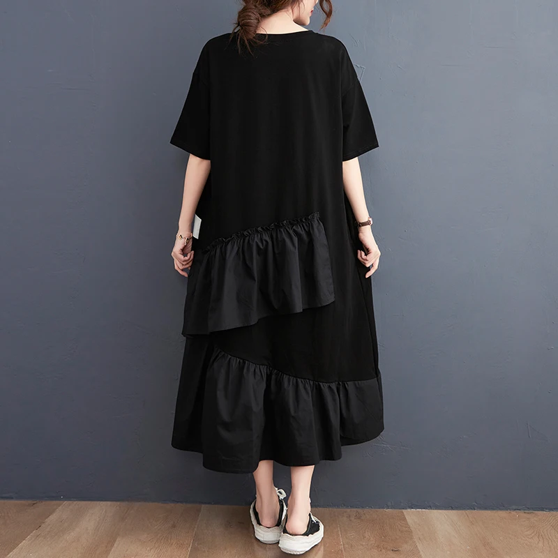 女性用の黒のロングTシャツドレス,スプリット,ジョイントフリル付き,Aラインカット,半袖,ルーズアシンメトリードレス,女性用ラウンドネック,#3899