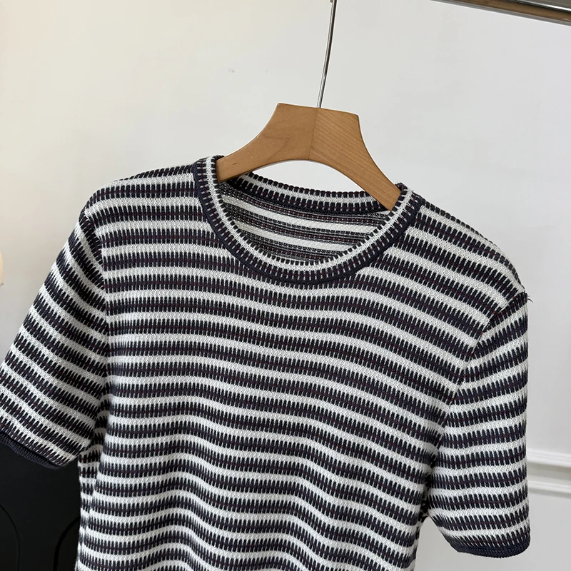 Breathable Lenzing Cotton Knitwear round Neck Striped Color Block Short Sleeve T-Shirt Women Comfortable Casual Style