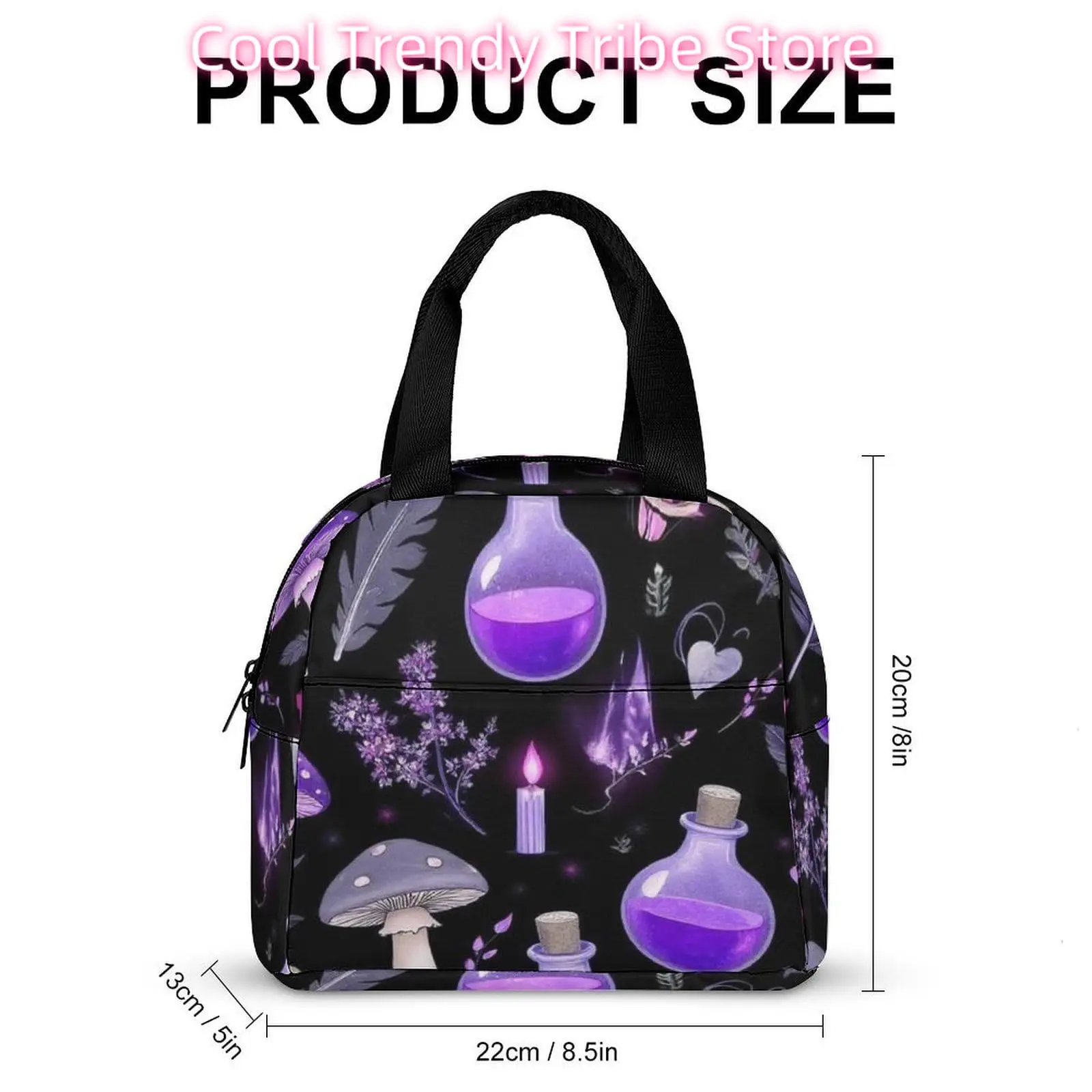 Large Fashion Picnic Insulated Lunch Bag Reusable Cooler Lunch Box For Office Gothic Magic Witch Witchy Trippy Purple Mushrooms