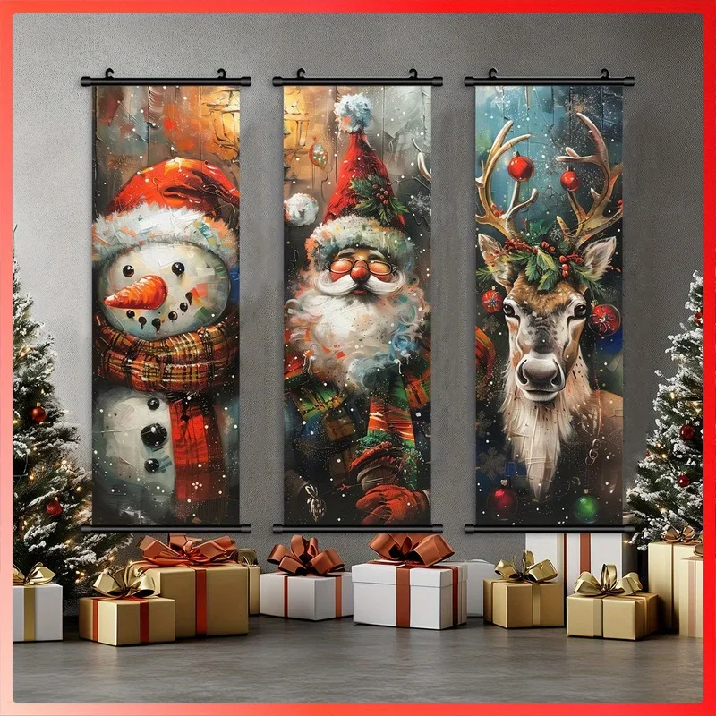 VIKAMA 3PCS Christmas Wall Banner Set, Santa Snowman Reindeer Warm Indoor Scroll Tapestry for Xmas Living Room Decor