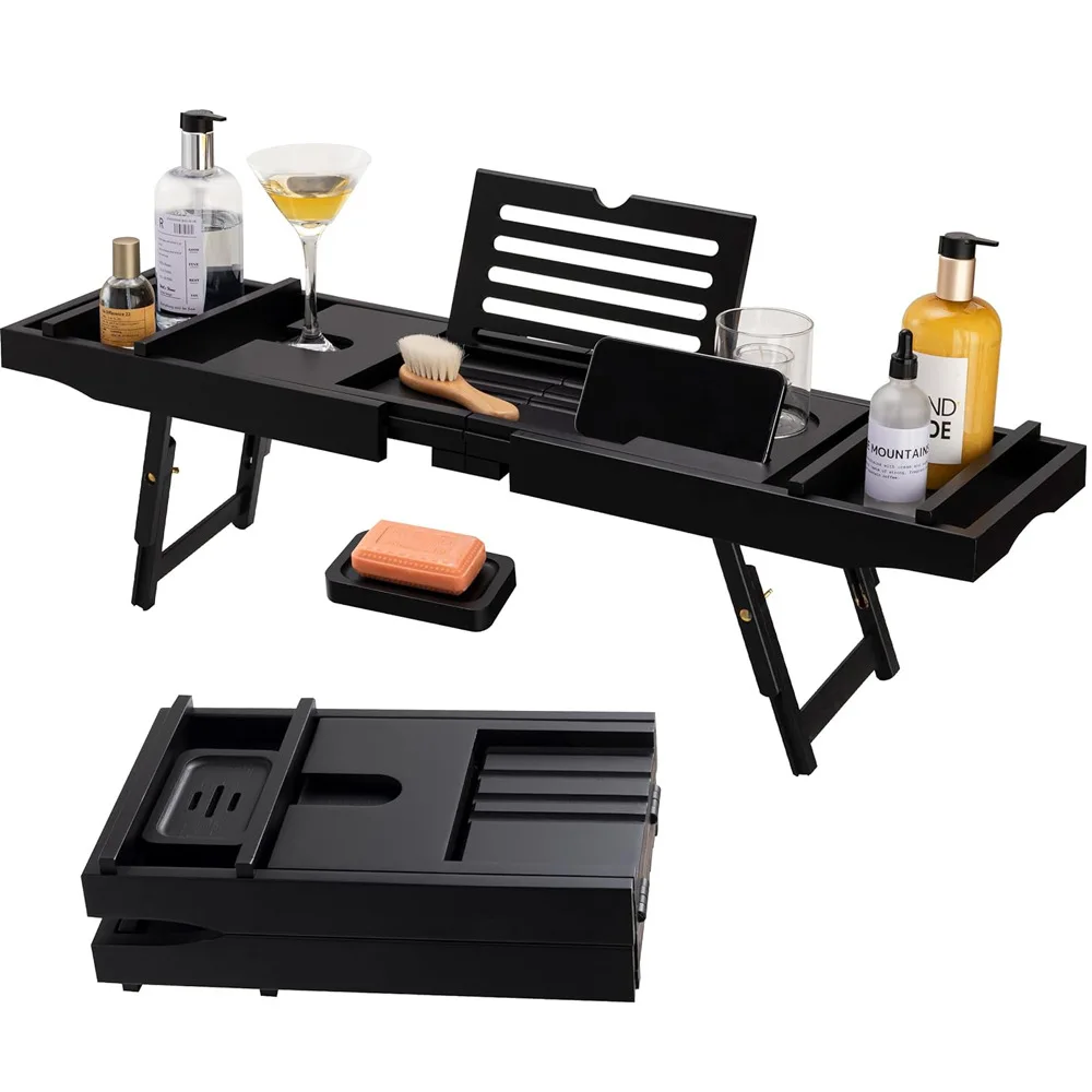 

Foldable Bathtub Caddy Tray, Bamboo Bath Tub Tray Table for Tub with Wine Glass Holder Book Phone Tablet Holder