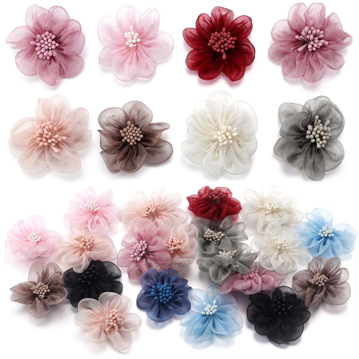 4Pcs Organya Flower Colorful with Stamens Artificial Flowers for DIY Clothing Home Party Hairpins Earrings Sewing Applique