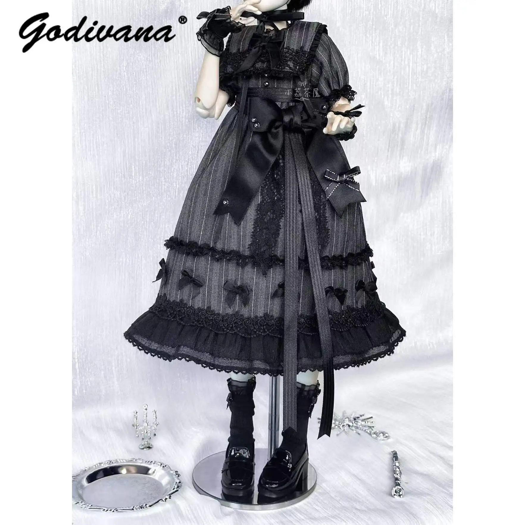 1/4 BJD Doll Outfit Gothic Dark Style Lace Trim Bow High Waist Lolita Long Skirt and Short Skirt with Bonnet Set for 1/4 BJD