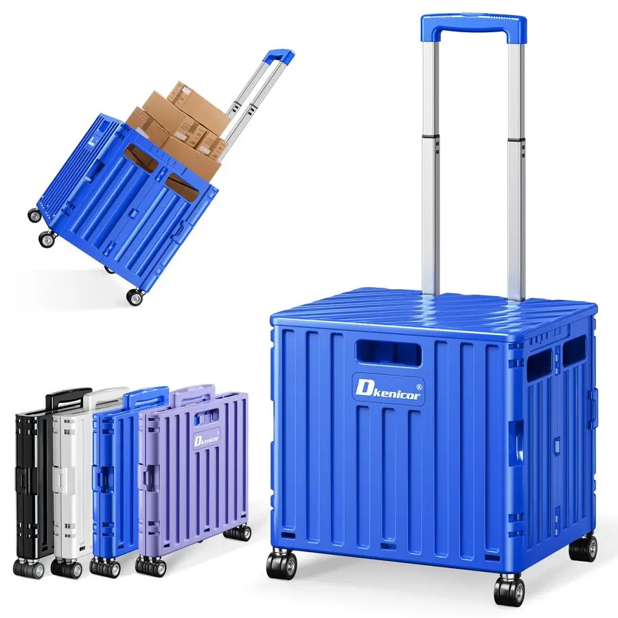 

Utility Cart with Lid, Portable Rolling Crate Handcart Collapsible Shopping Trolley, Durable Plastic Foldable Tool Basket with 4