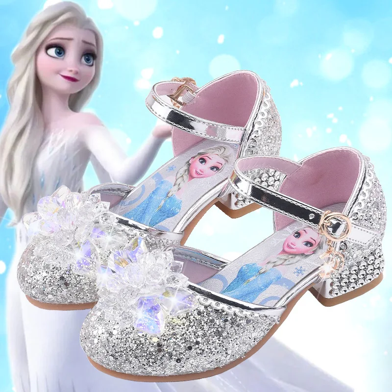 Chaussures en cuir à talons hauts pour filles, princesse Disney, Elsa congelée, pilier en cristal, paillettes décontractées, robe de soirée pour