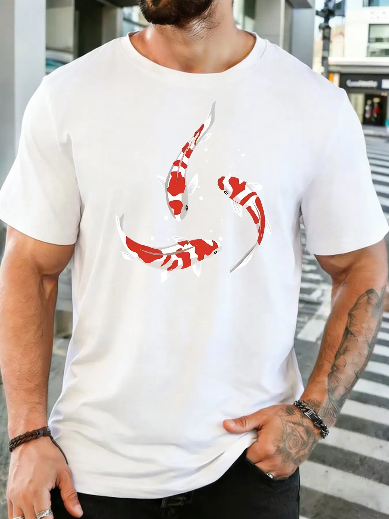 Men Cotton Tee Three Red White Koi Fish Bubble Graphic Short Sleeve Tshirt For Oriental Aquatic Fans Daily Casual Street Top