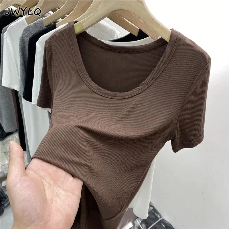 

Short Sleeve T-shirt For Women 2022 New Summer Round Collar With Exposed Collarbone Inside Blouse Wild Shirts For Women Clothing