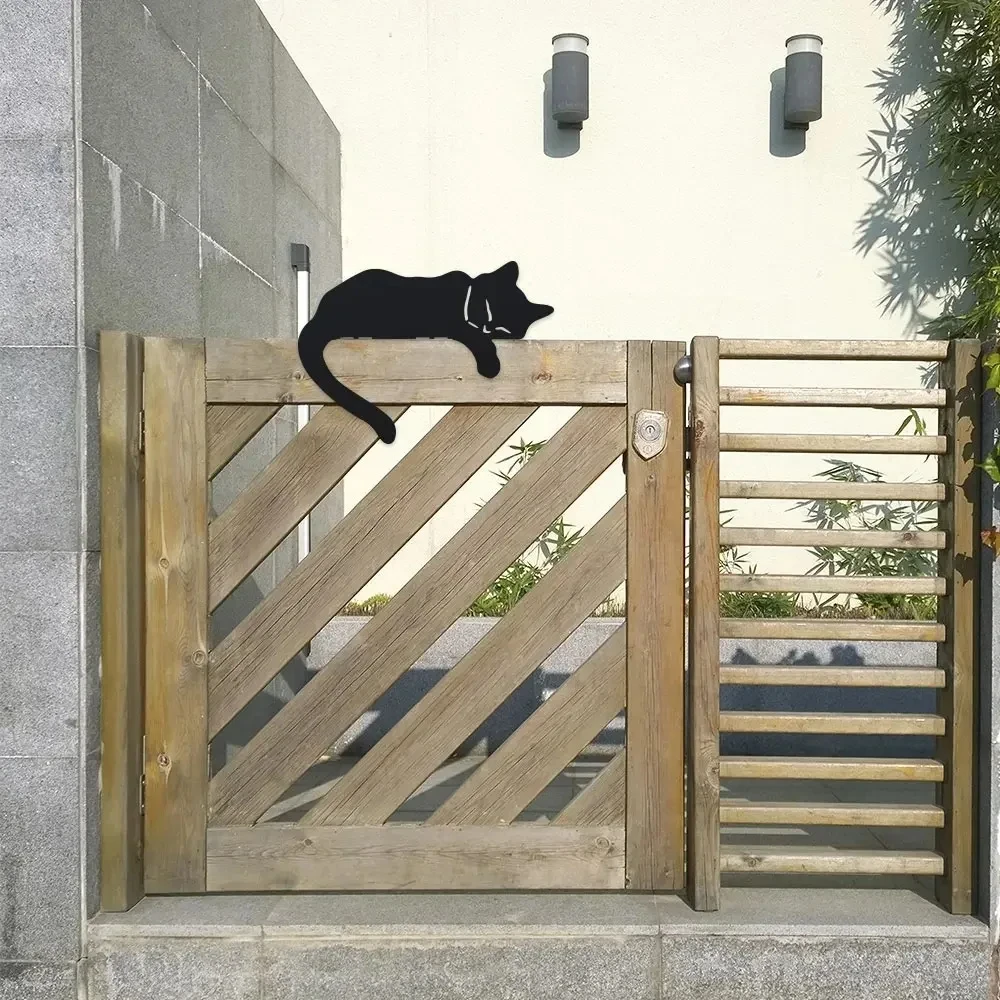 1 Durable Rural Black Cat Silhouette Fence Topper Metal Sleeping Cat Garden Sculpture Outdoor Art Decoration