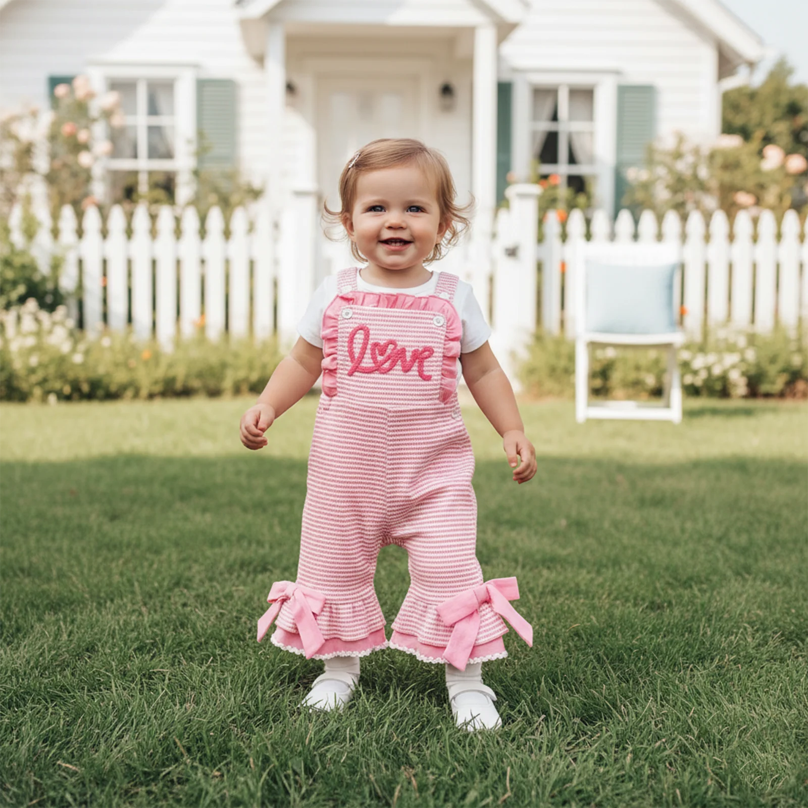 0-4Y Toddler Baby Girls Valentines Jumpsuits Cute Letters Embroidery Sleeveless Rompers Striped Bell Bottom Overalls