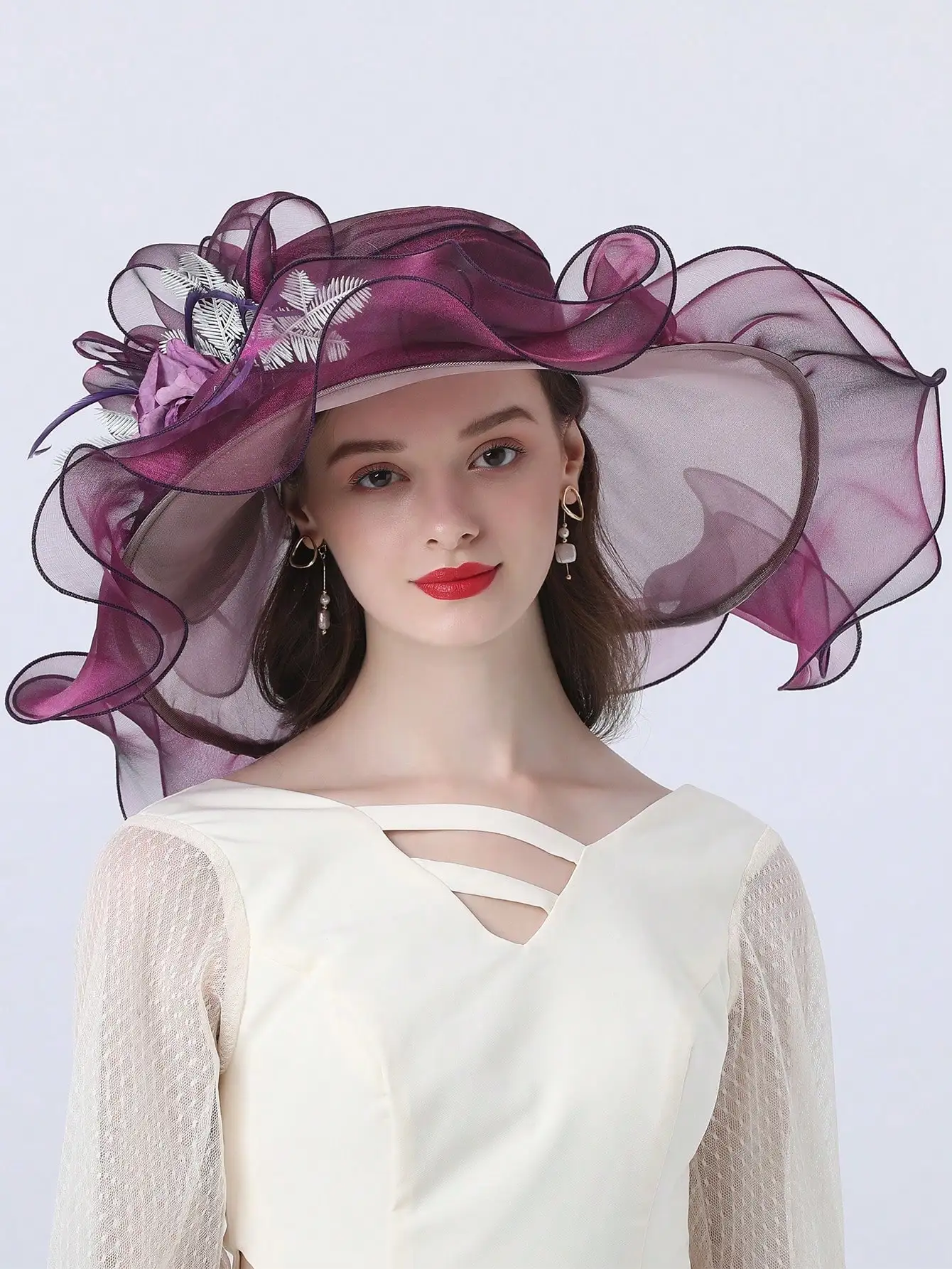 FS Flower Fascinator Hats Women Kentucky Derby Wide Brim Wedding Bride Church Organza Sun Hat 2024 Elegant Large Ladies Fedoras