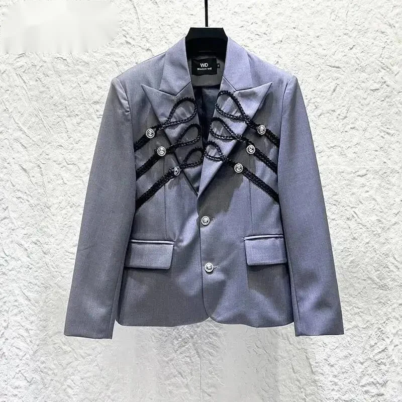Lapel Woven Strap Double Metal Button Blazer Mens Structured Shoulder Niche Vintage Stage Show Autumn Casual Coats CE4D