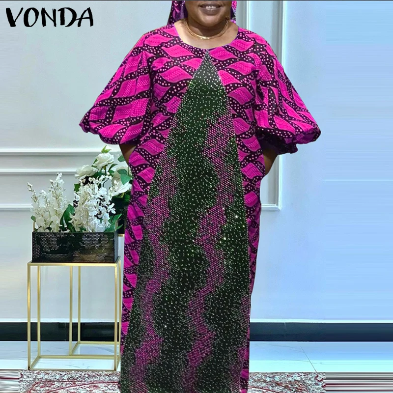 

VONDA Bohemian Maxi Long Dresses 2025 Women Printing Vestidos Vintage Lantern Sleeve Casual O-Neck Sundress Loose Robe Oversized