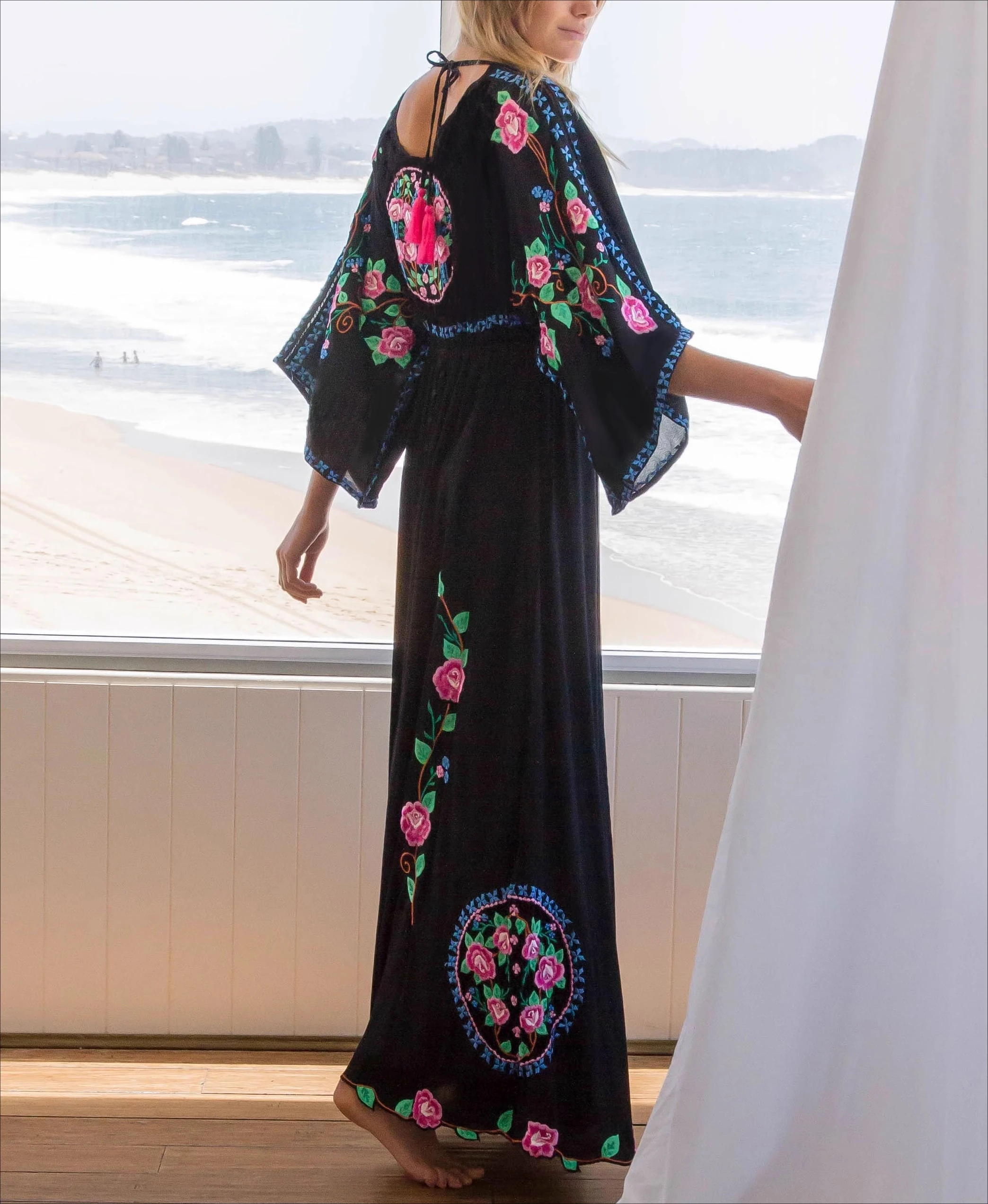 Elastic Waist Both Sides Wearable Maxi Dresses Women Boho Beach Cotton Floral Embroidery Robe Vintage Backless Dress Vestidos